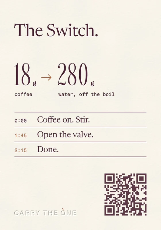 The back of the card: The Switch, 18 g coffee to 280 g water off the boil; coffee on and stir at 0:00, open the valve at 1:45, done at 2:15.