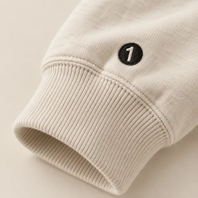 The ribbed cuff of an ecru sleeve, a small black disc embroidered flat just above it.