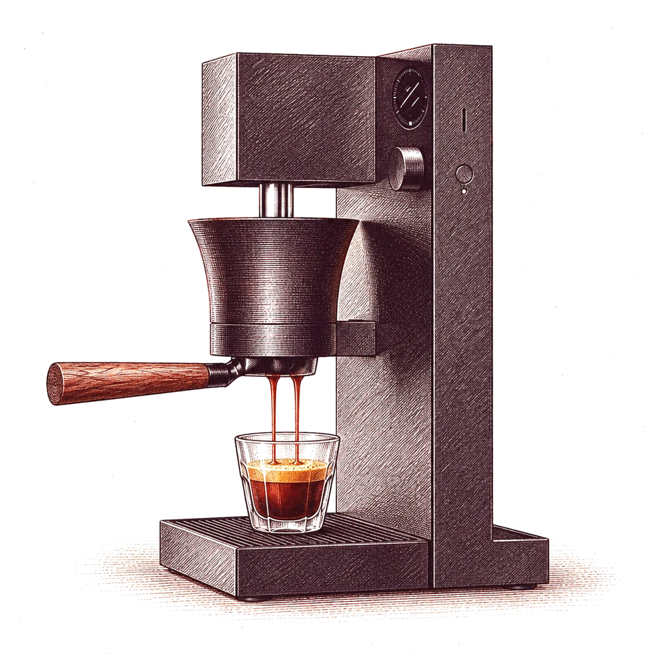 A drawing of the Meticulous espresso machine pulling a shot into a small glass.