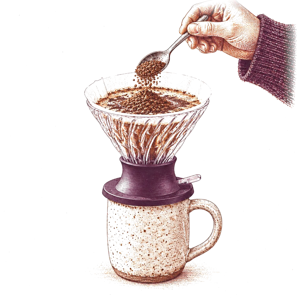 A drawing of a hand spooning ground coffee onto the water in a Hario Switch on a speckled mug.