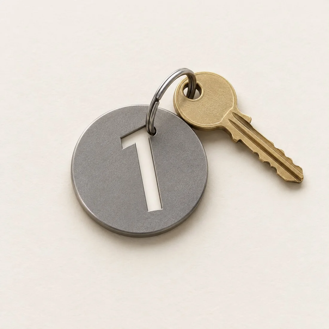 A round titanium key disc on cream paper, the leaning 1 cut clean through it, a split ring through the 1 holding a brass key.
