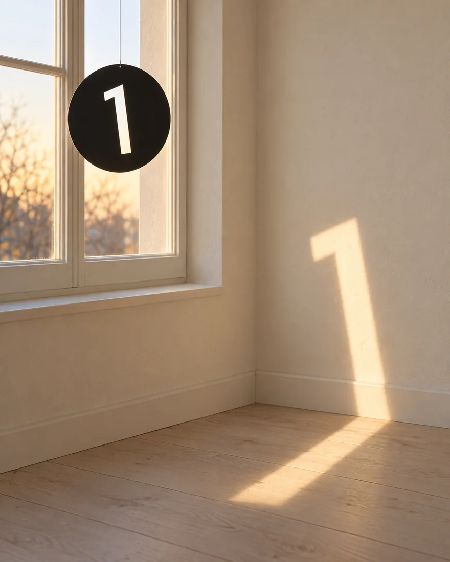 A black steel disc hanging in a sunny window throws a 1 of sunlight onto the wall.