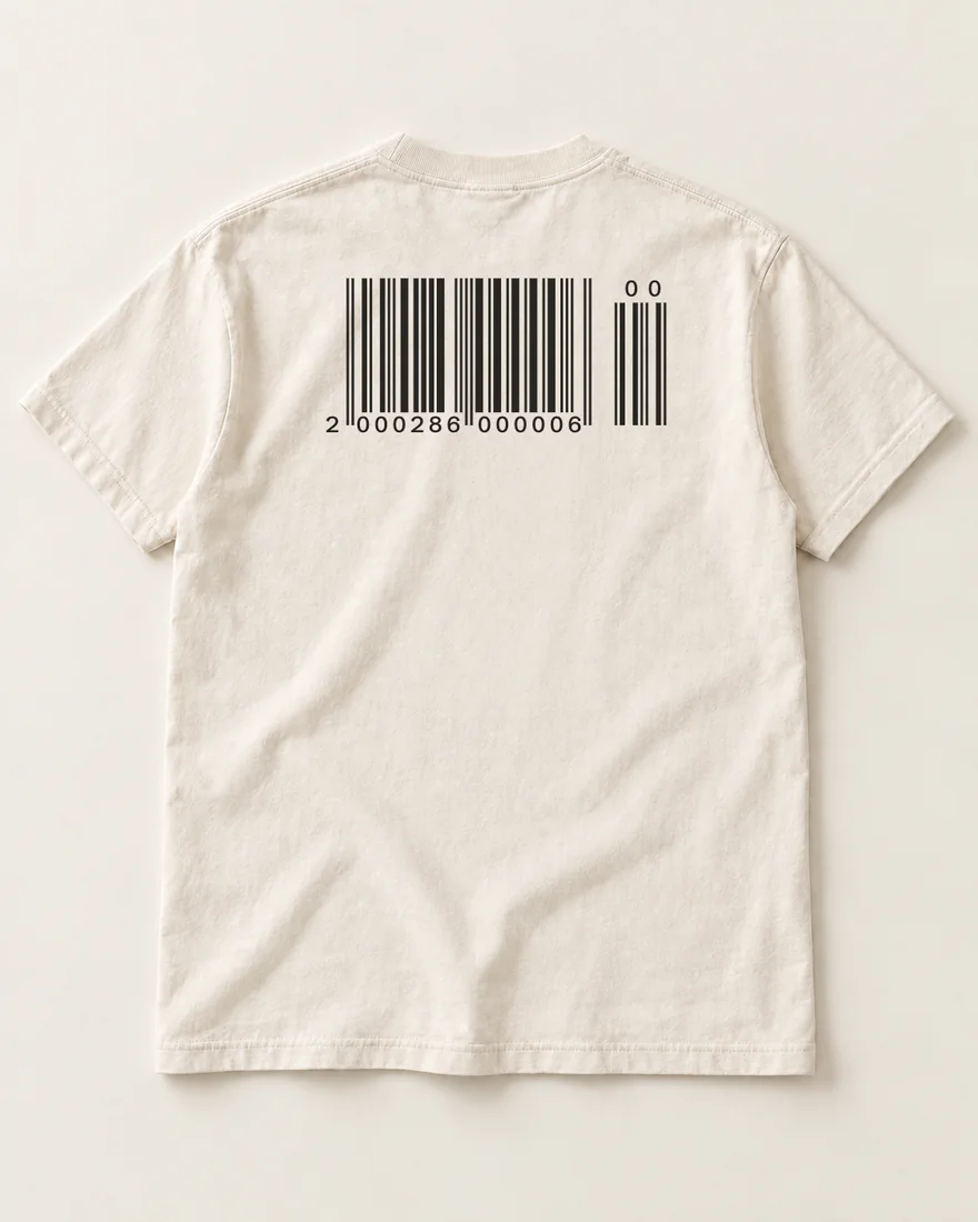 The back of an ecru tee: a large, real EAN-13 barcode with a two-digit add-on across the shoulders.