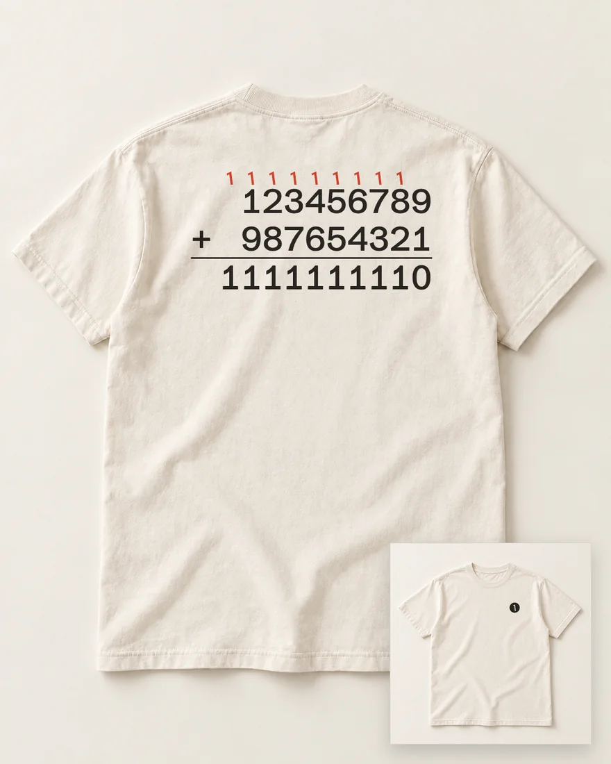 The back of an ecru tee: 123456789 plus 987654321 equals 1111111110, nine vermilion carried 1s above. Inset, the front: a small disc on the chest.