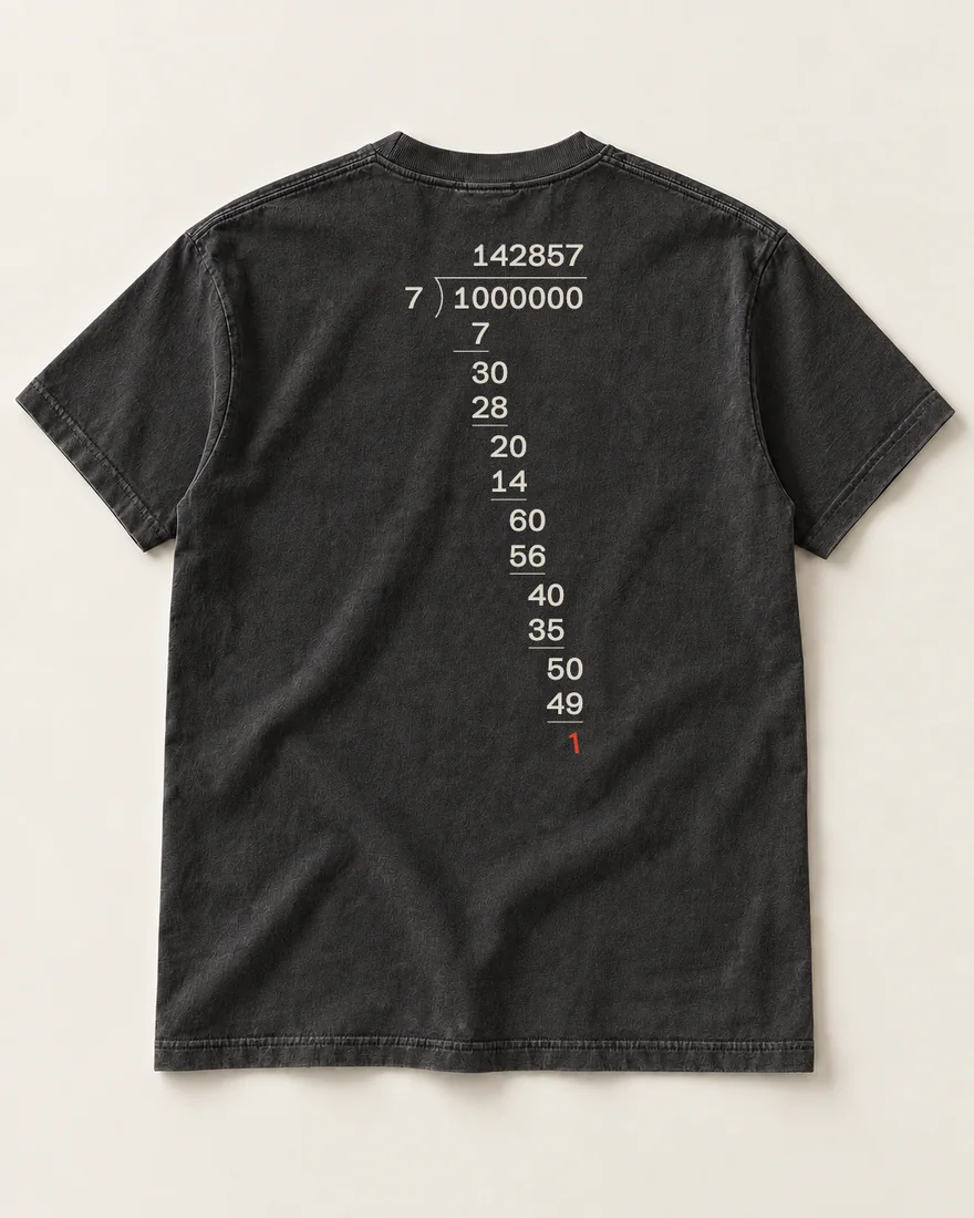 A washed black tee, back up: a million divided by seven worked down the spine, the last remainder a vermilion 1.