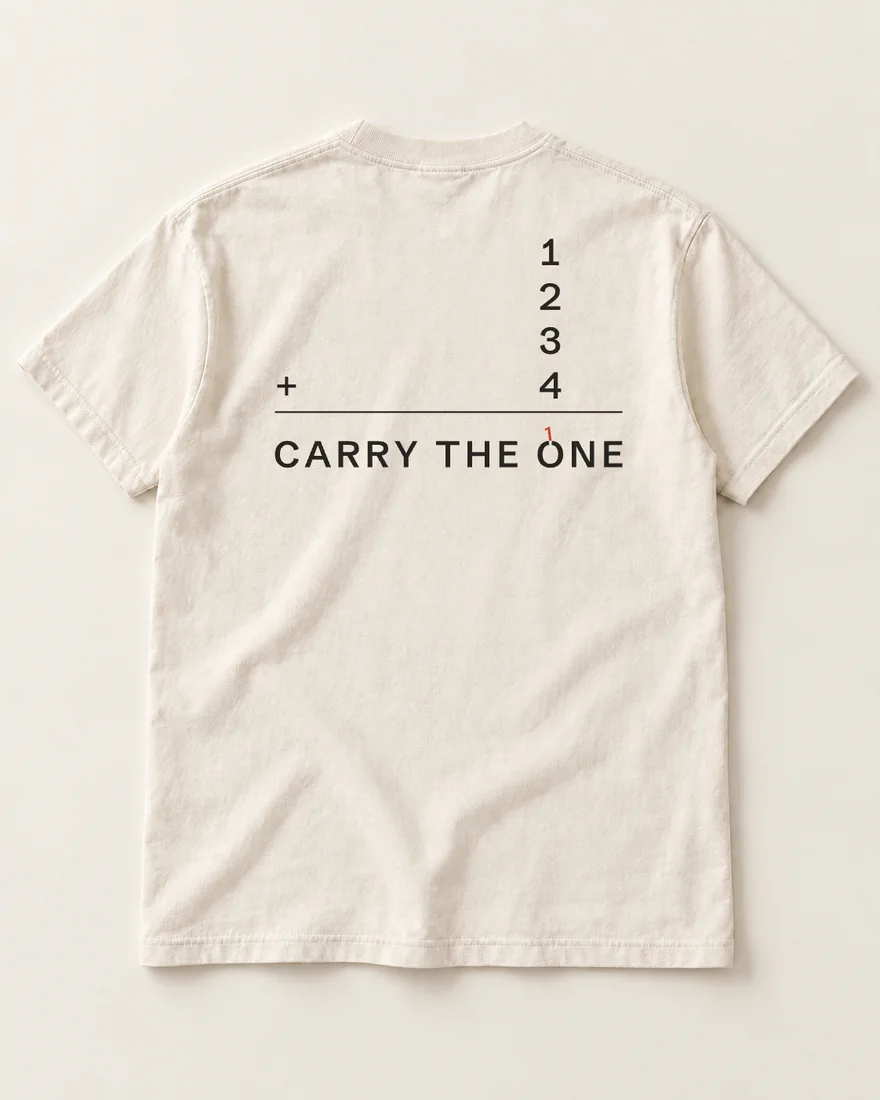 The back of an ecru tee: 1, 2, 3 and plus 4 stacked over the O of the wordmark, a rule, and CARRY THE ONE as the answer, its small 1 in vermilion.