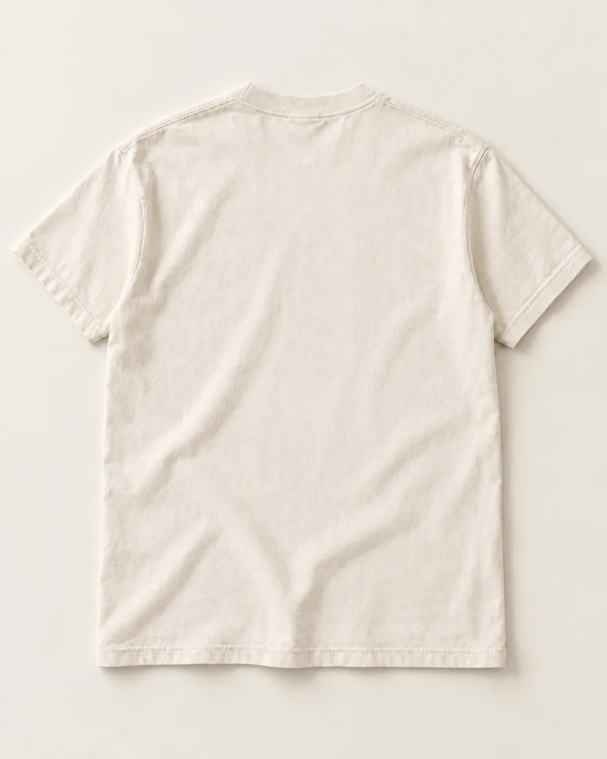 A heavyweight ecru tee laid flat, back up, with the chosen sum printed across the upper back.